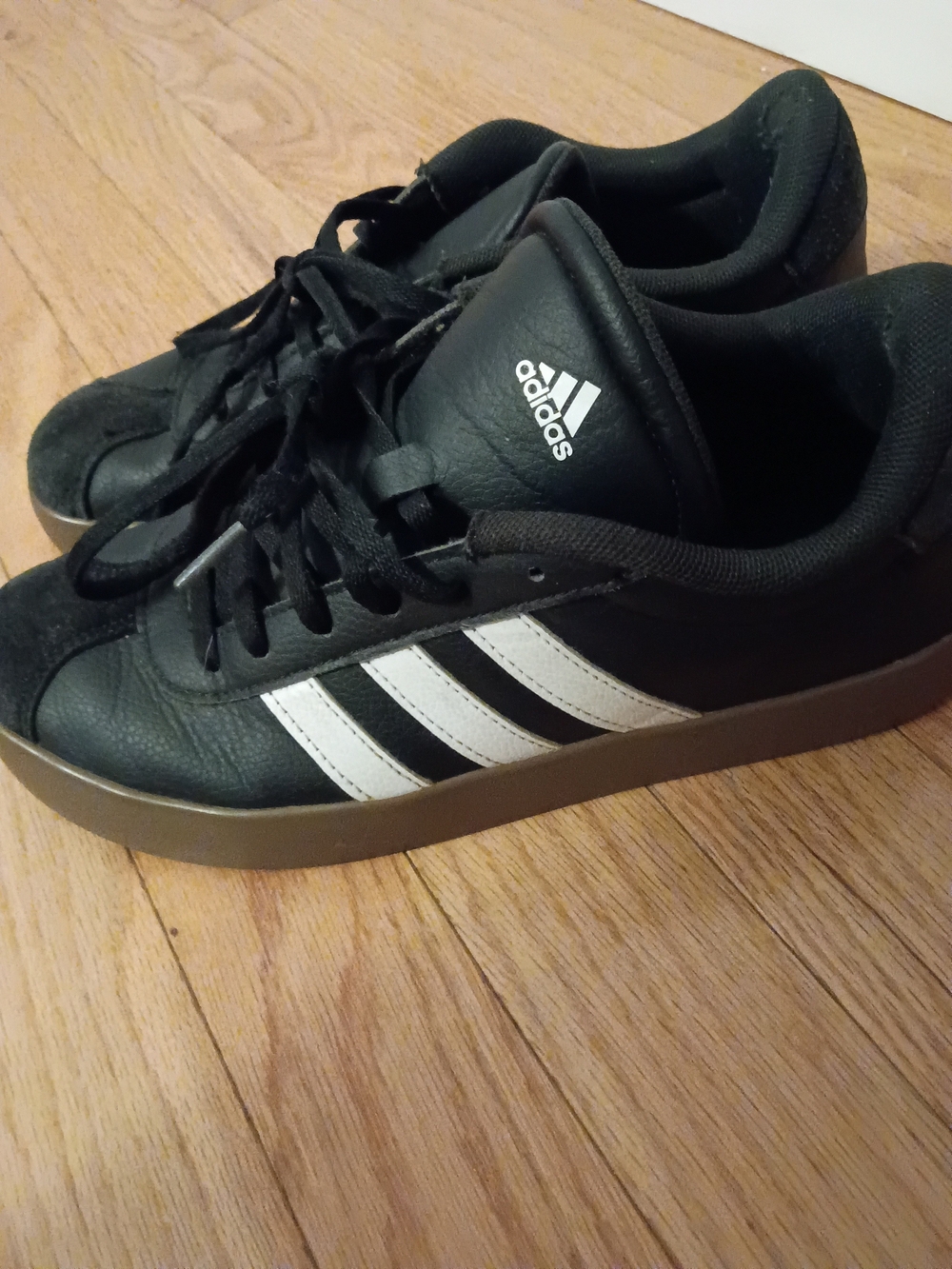 adidas Black Sneakers with White Stripes and Brown Gum Sole